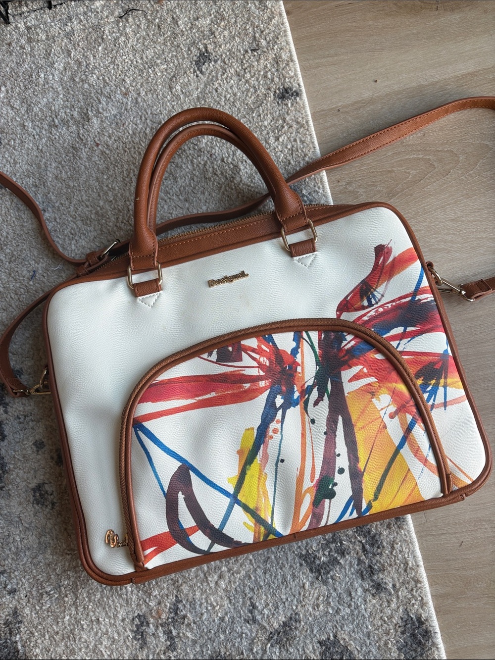 Desigual White Laptop Bag with Multicolor Brushstroke Design and Brown Trim